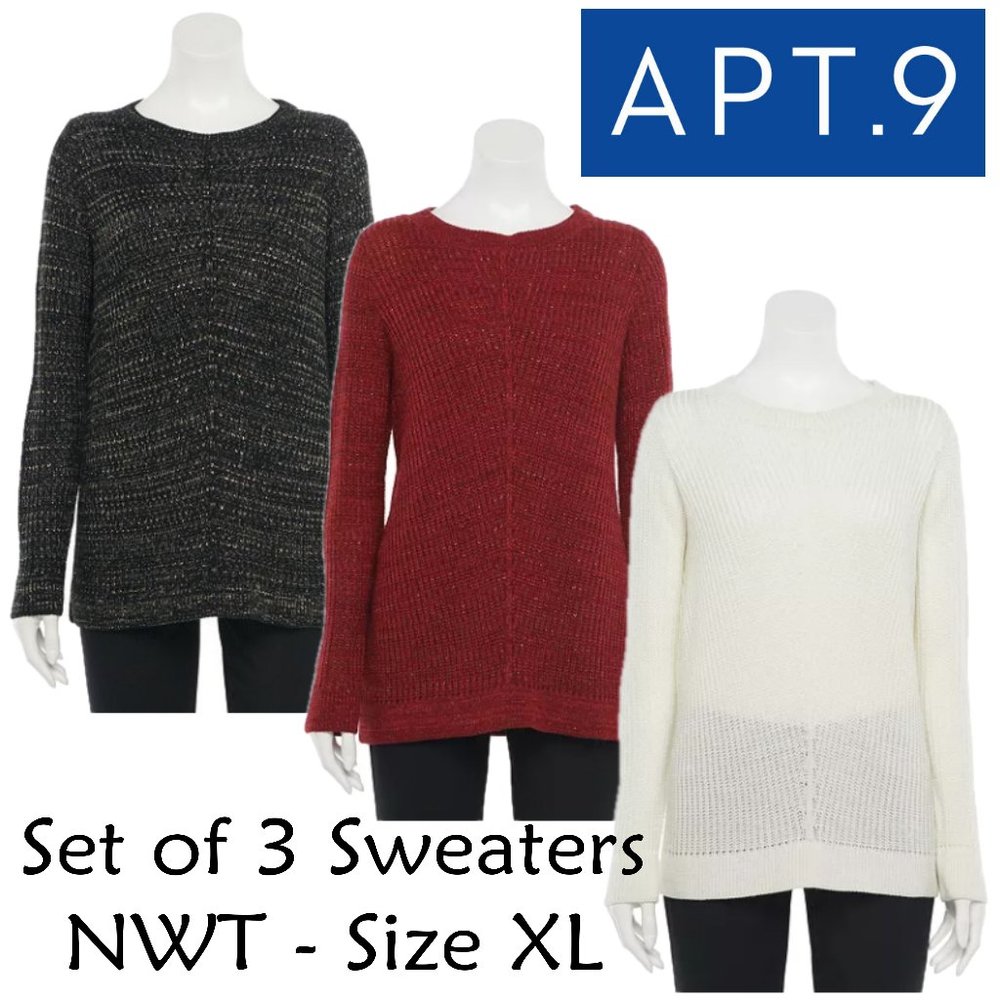 APT 9 -Set of 3- Mitered-Front Boatneck Tops - XL